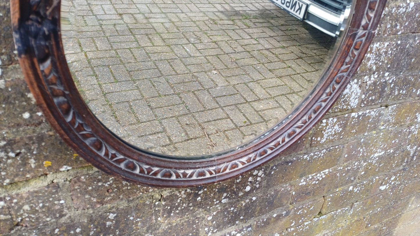 Very Vintage Round Carved Oak Wall Mirror. Age Worn.