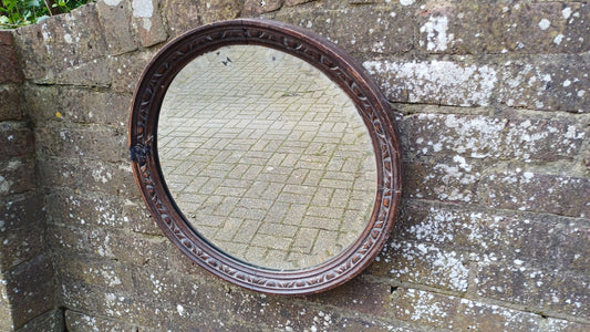 Very Vintage Round Carved Oak Wall Mirror. Age Worn.
