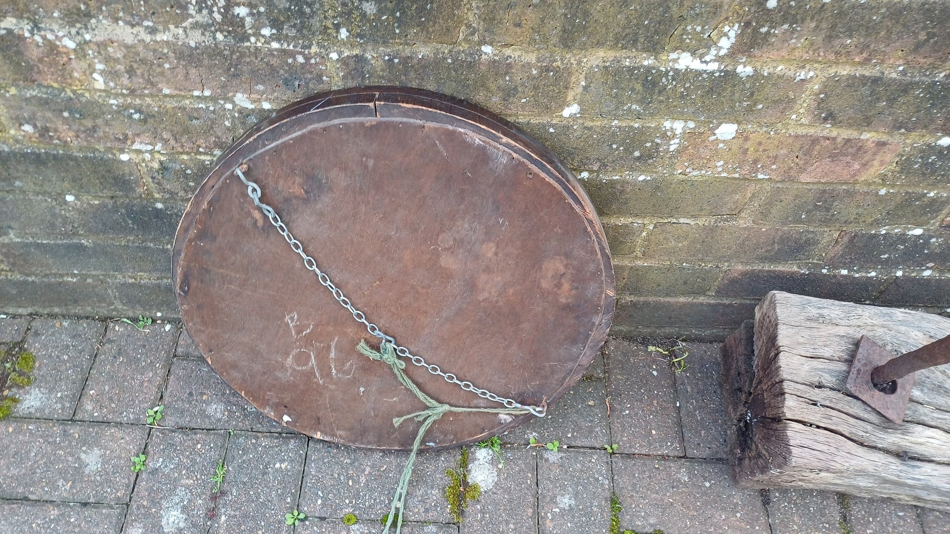 Very Vintage Round Carved Oak Wall Mirror. Age Worn.