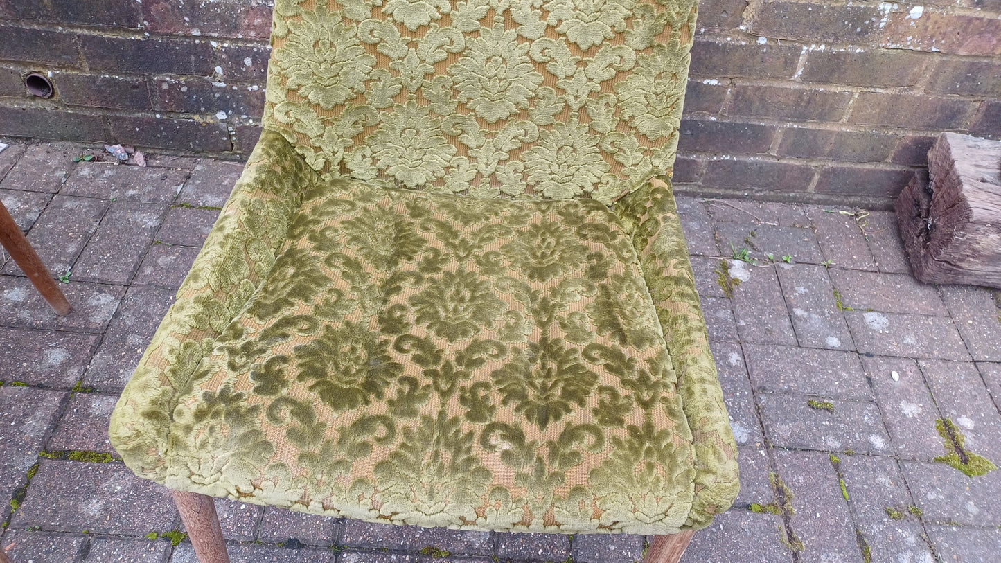 Pair of Quirky Vintage Retro Teak Chairs with Bold Upholstered Coverings Brocade Raised Motif