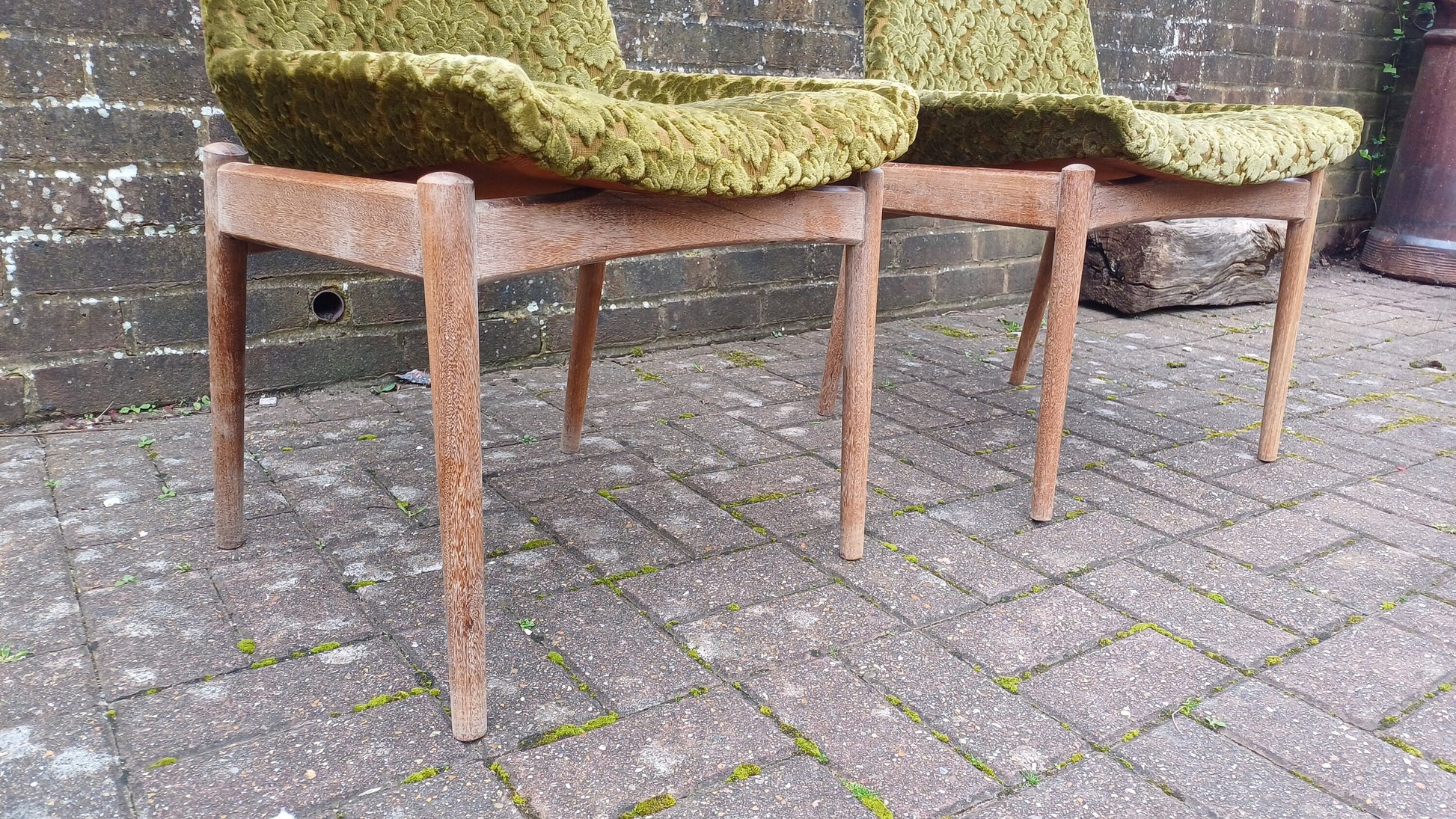Pair of Quirky Vintage Retro Teak Chairs with Bold Upholstered Coverings Brocade Raised Motif
