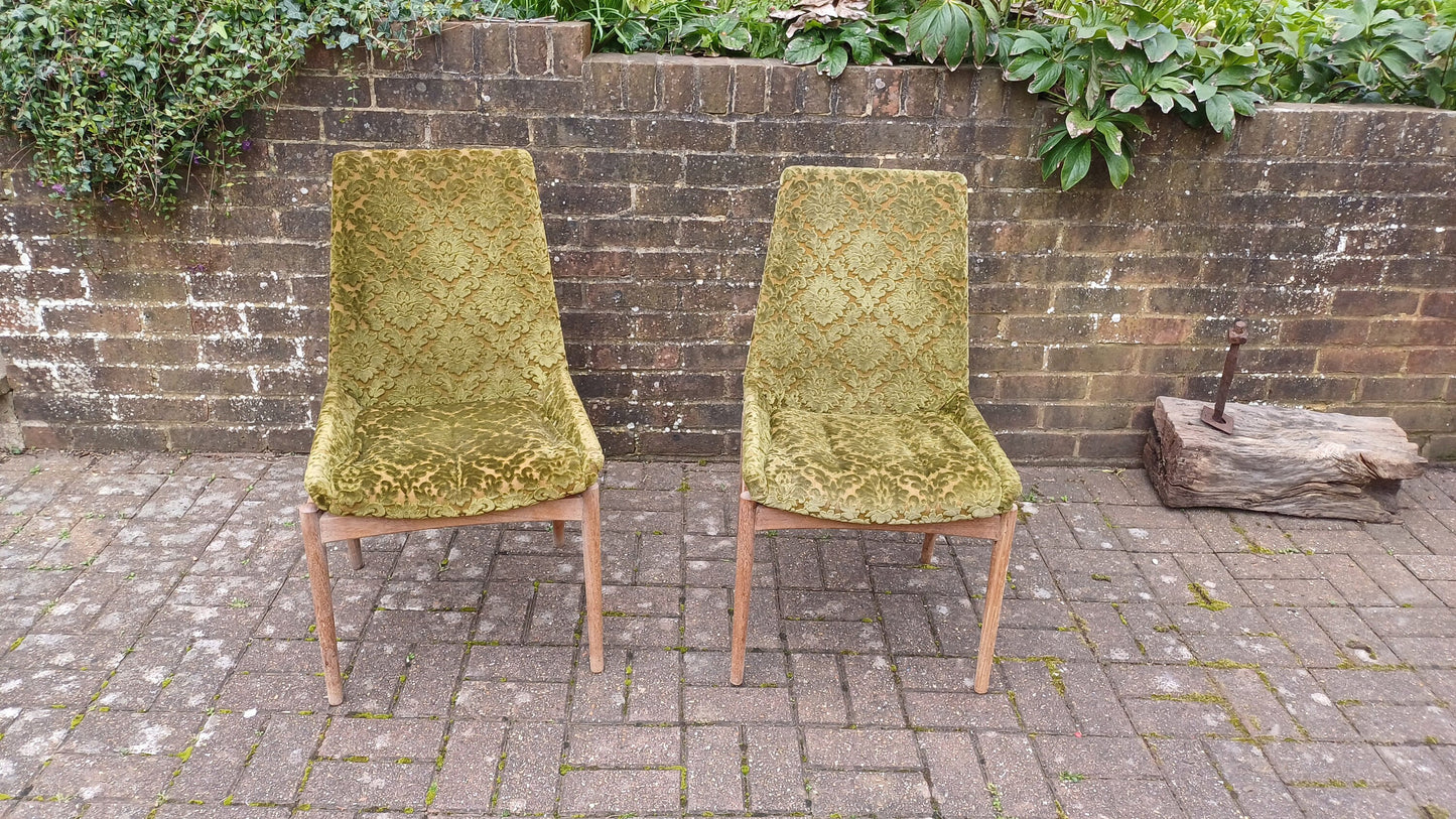 Pair of Quirky Vintage Retro Teak Chairs with Bold Upholstered Coverings Brocade Raised Motif