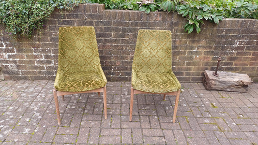 Pair of Quirky Vintage Retro Teak Chairs with Bold Upholstered Coverings Brocade Raised Motif
