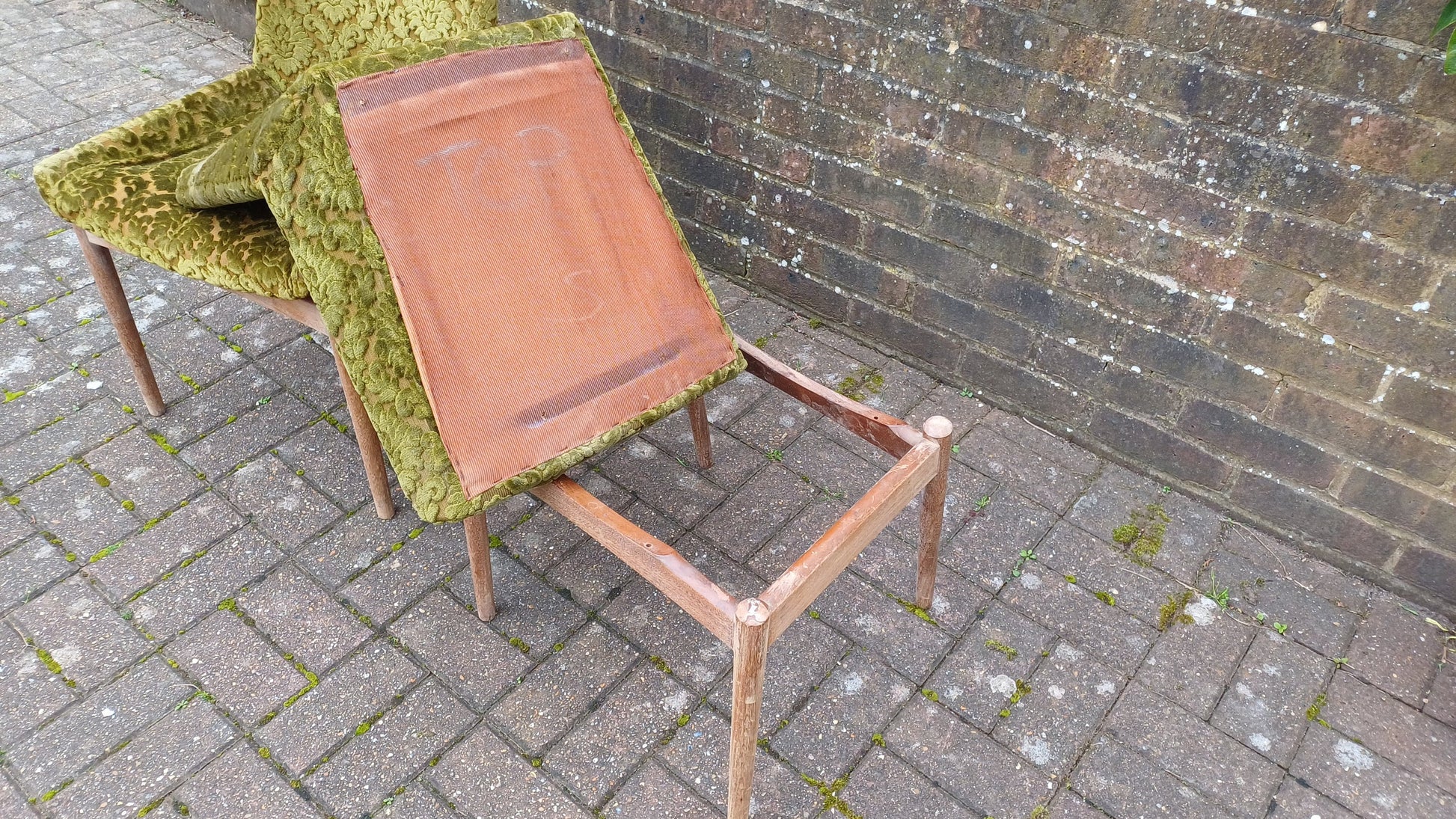 Pair of Quirky Vintage Retro Teak Chairs with Bold Upholstered Coverings Brocade Raised Motif