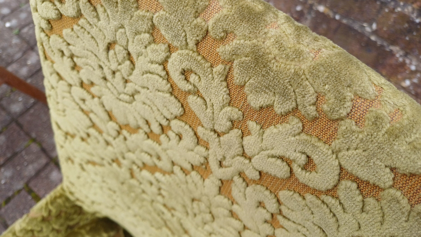Pair of Quirky Vintage Retro Teak Chairs with Bold Upholstered Coverings Brocade Raised Motif