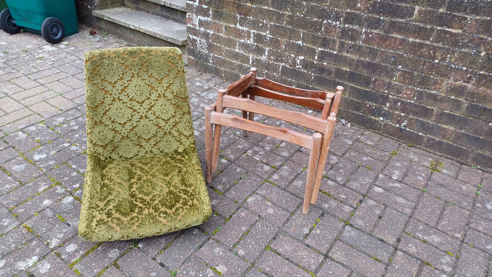 Pair of Quirky Vintage Retro Teak Chairs with Bold Upholstered Coverings Brocade Raised Motif
