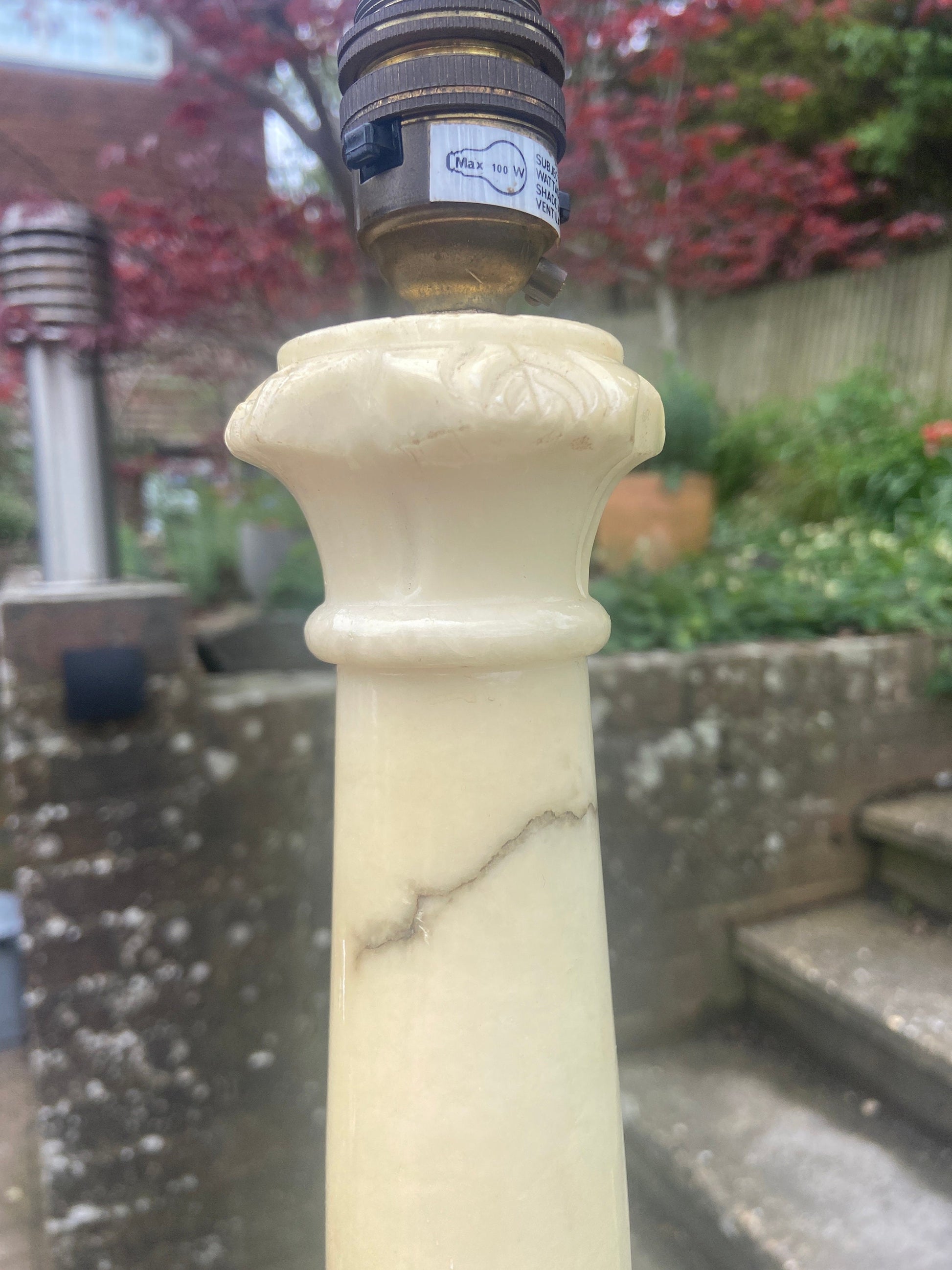 Gorgeous yellow alabaster column style lamp, tall - genuine alabaster Charneca - creamy white yellow onyx marble lamp - working vintage lamp