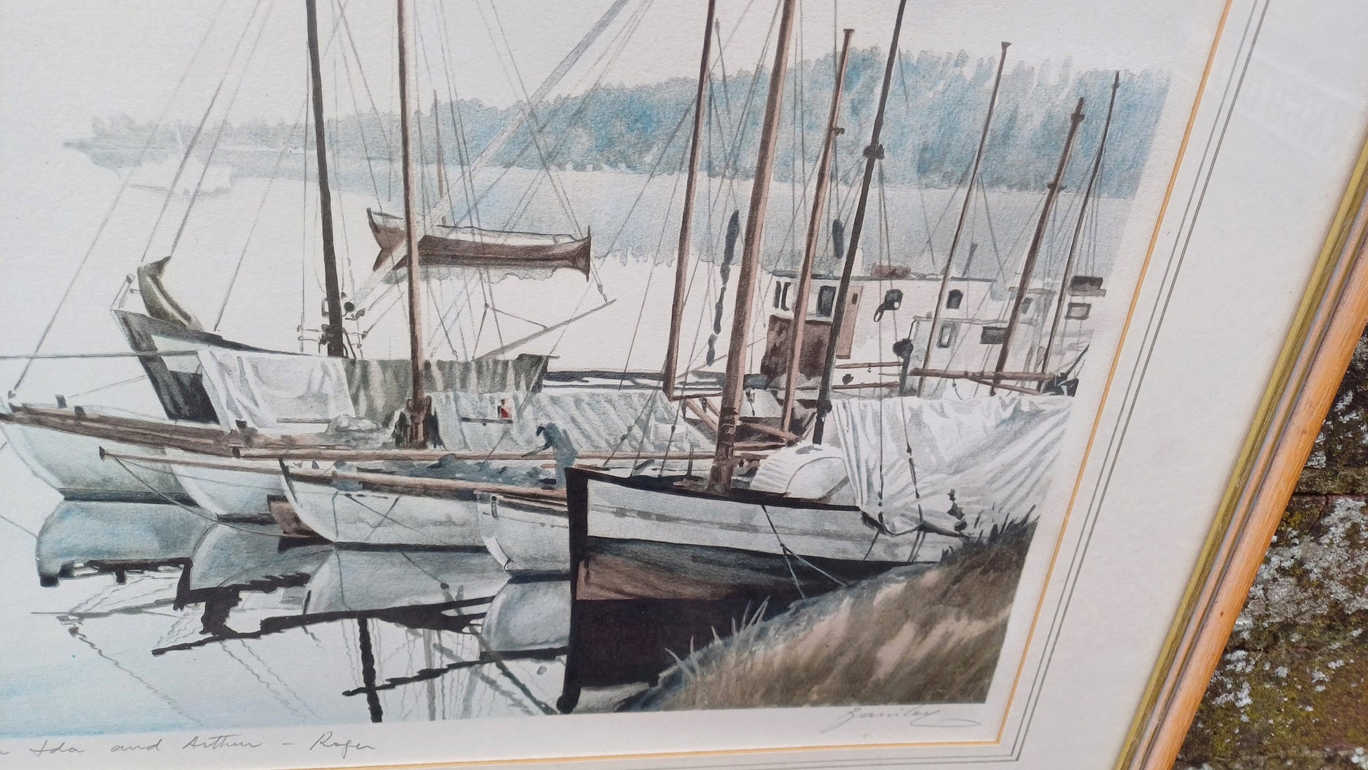 Calming vintage signed Artist Proof Print signed of Boats Yachts in a Harbour- lovely watercolour, this print is number VI/XV - large size