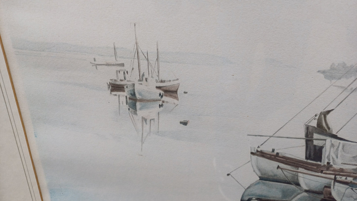 Calming vintage signed Artist Proof Print signed of Boats Yachts in a Harbour- lovely watercolour, this print is number VI/XV - large size