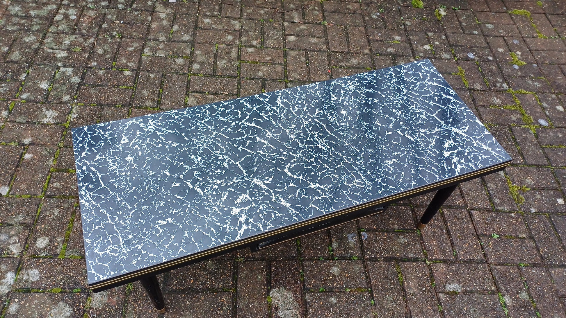 Superb Vintage Formica Coffee Table Formica Top Wooden Black and Brass Legs Unusual Built in Tray.
