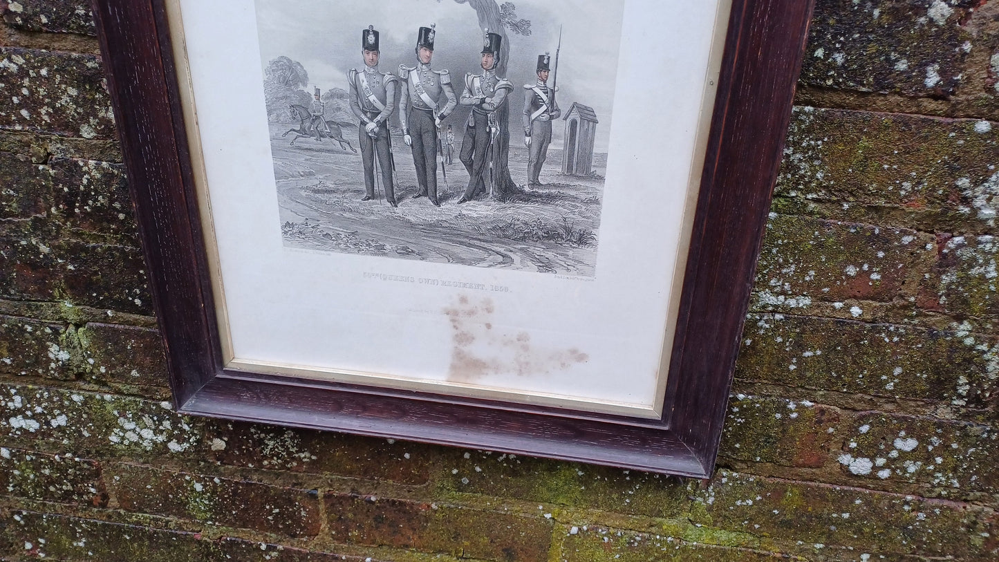 Vintage Military Print 50th (Queens Own) Regiment 1850. Glazed Oak Frame. E Walker Lithograph.