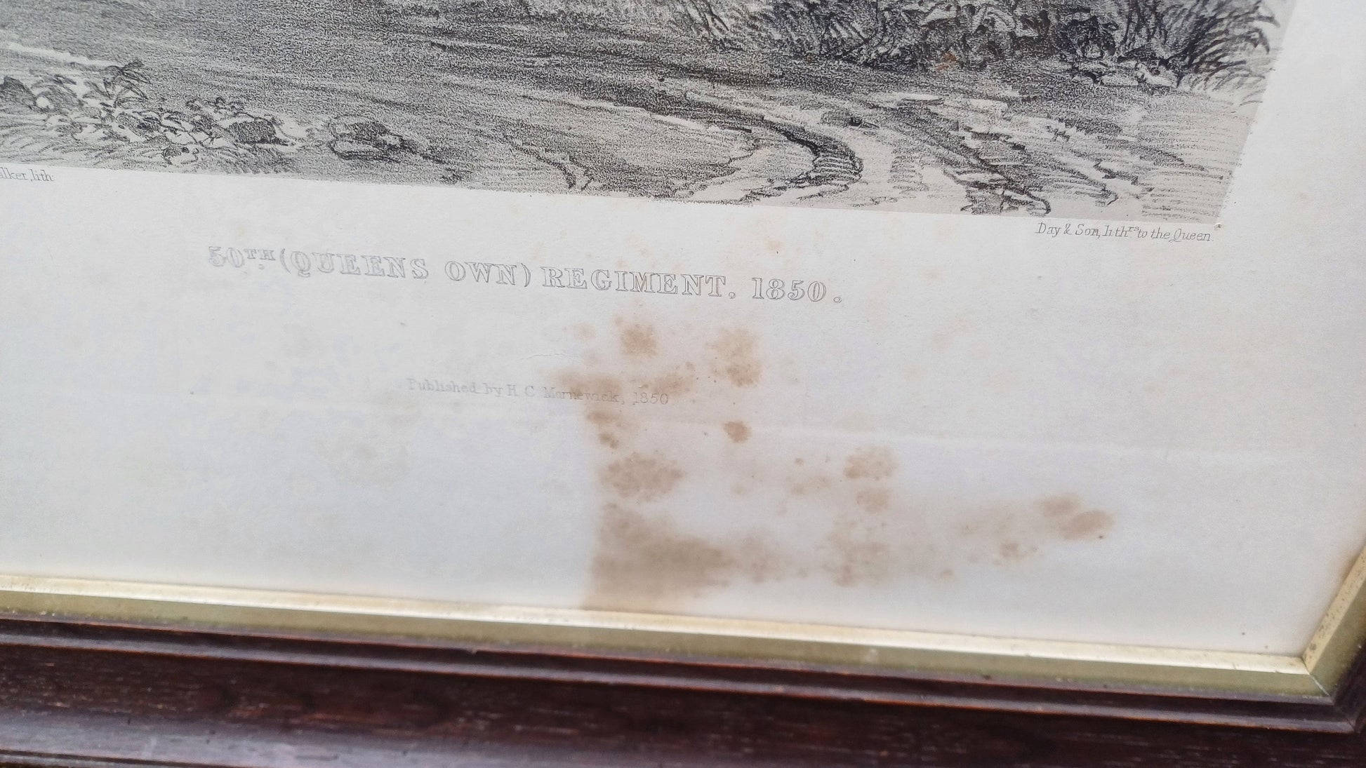 Vintage Military Print 50th (Queens Own) Regiment 1850. Glazed Oak Frame. E Walker Lithograph.