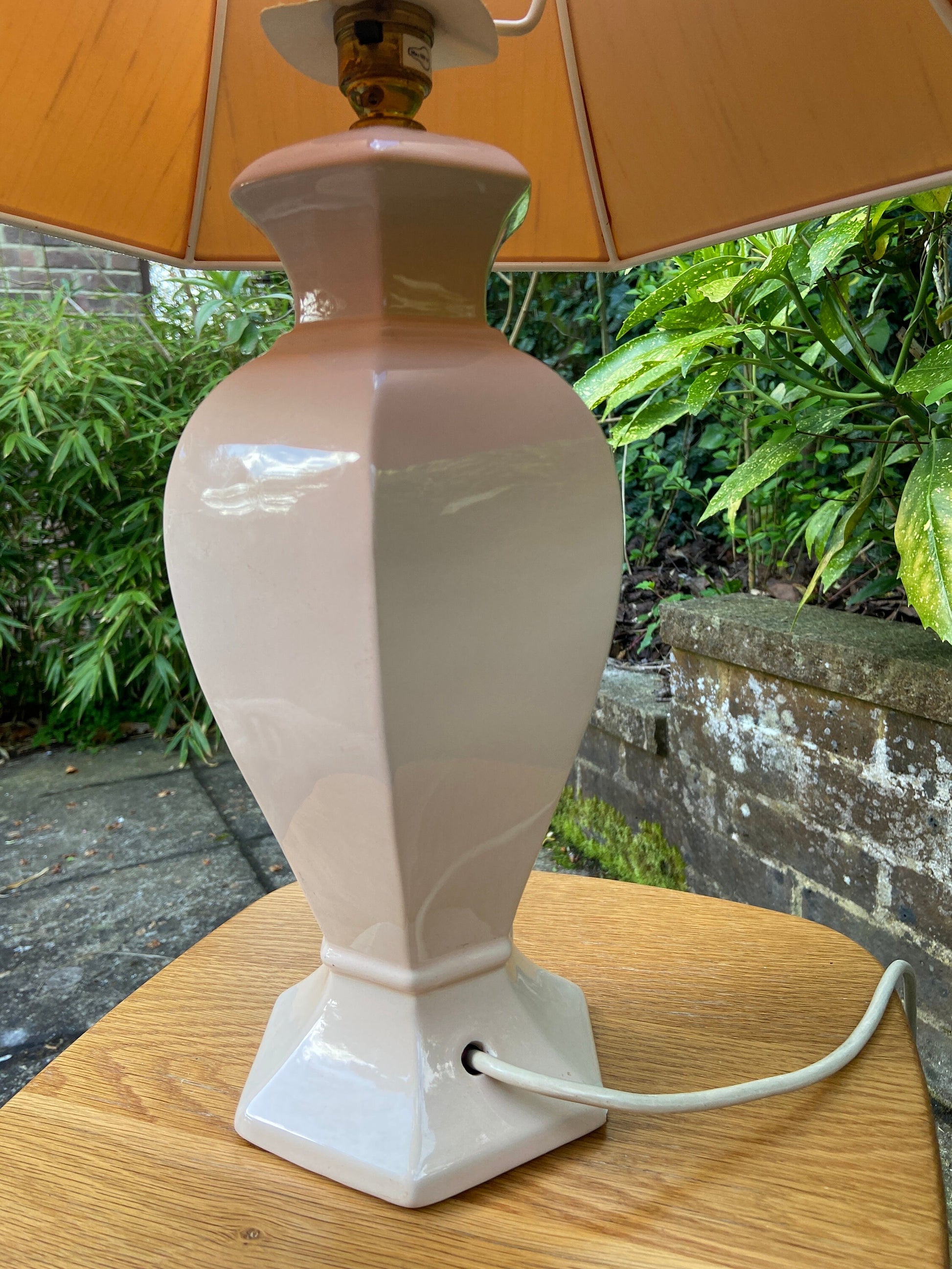Vintage Baby Pink Pastel Pink St Michael’s ceramic glazed lamp base with vintage pink shade, table lamp, working vintage lamp, large