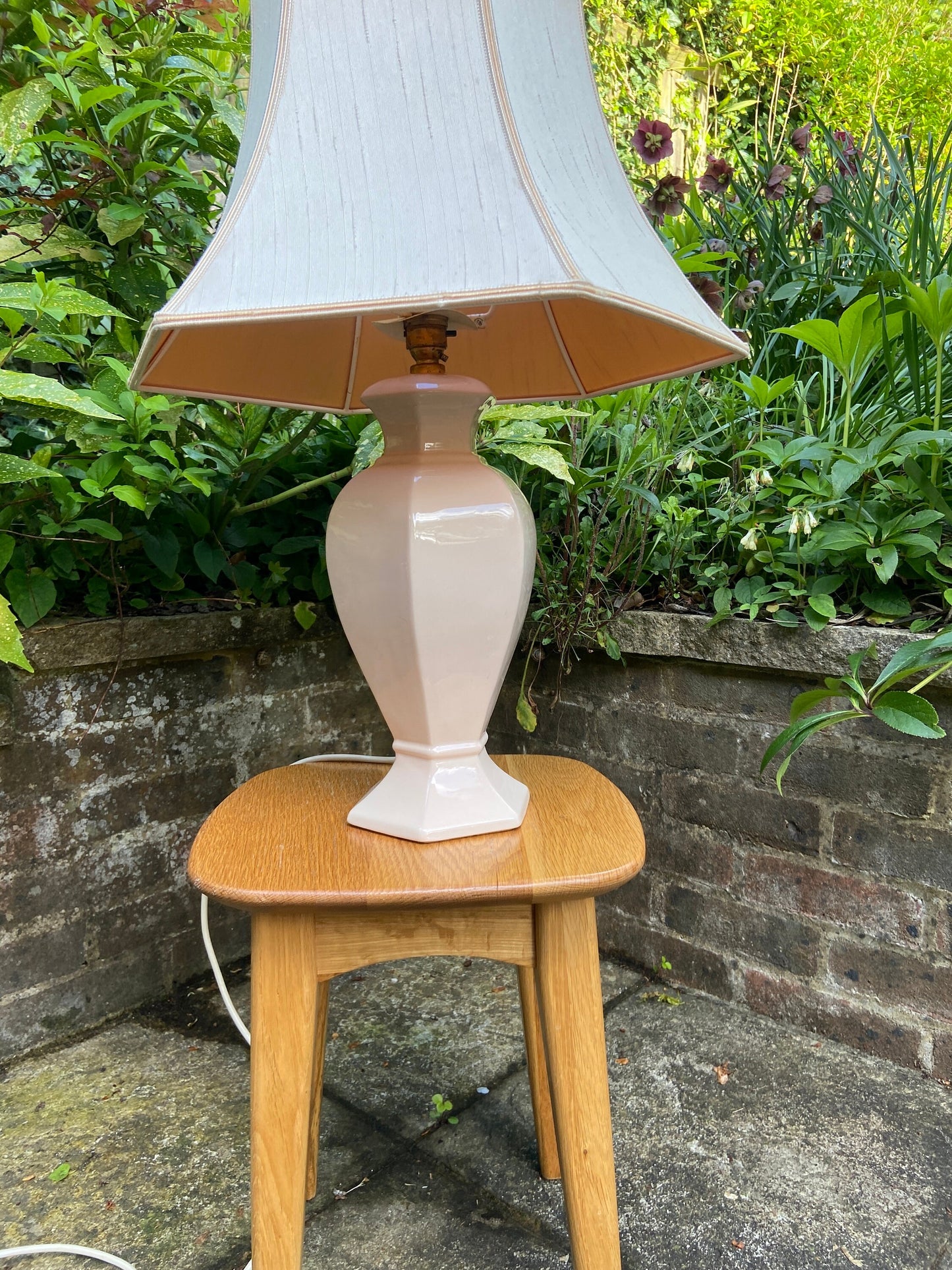 Vintage Baby Pink Pastel Pink St Michael’s ceramic glazed lamp base with vintage pink shade, table lamp, working vintage lamp, large