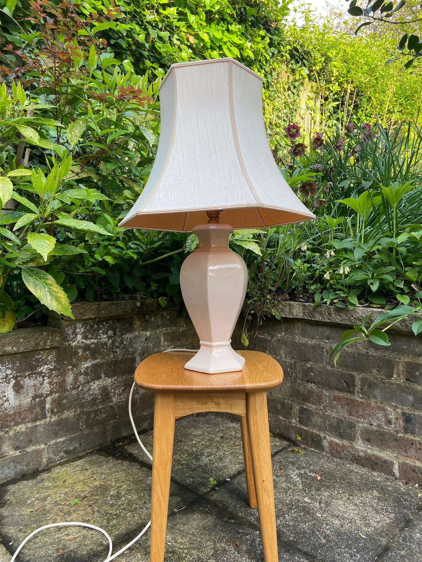 Vintage Baby Pink Pastel Pink St Michael’s ceramic glazed lamp base with vintage pink shade, table lamp, working vintage lamp, large