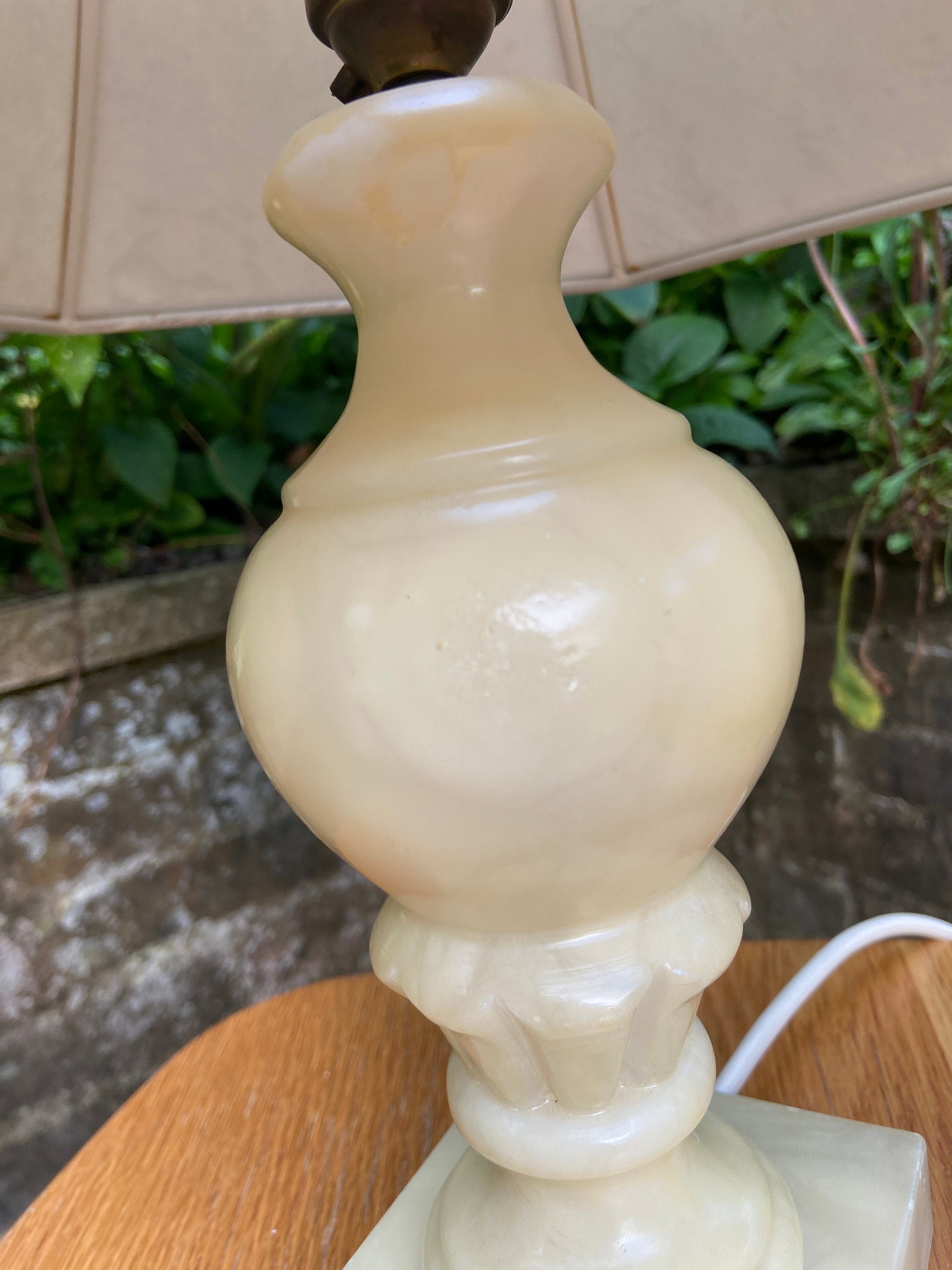 Vintage Charneca Alabaster traditional table lamp (good size) with superb 1980s vintage shade of green, pink & gold dust working table lamp
