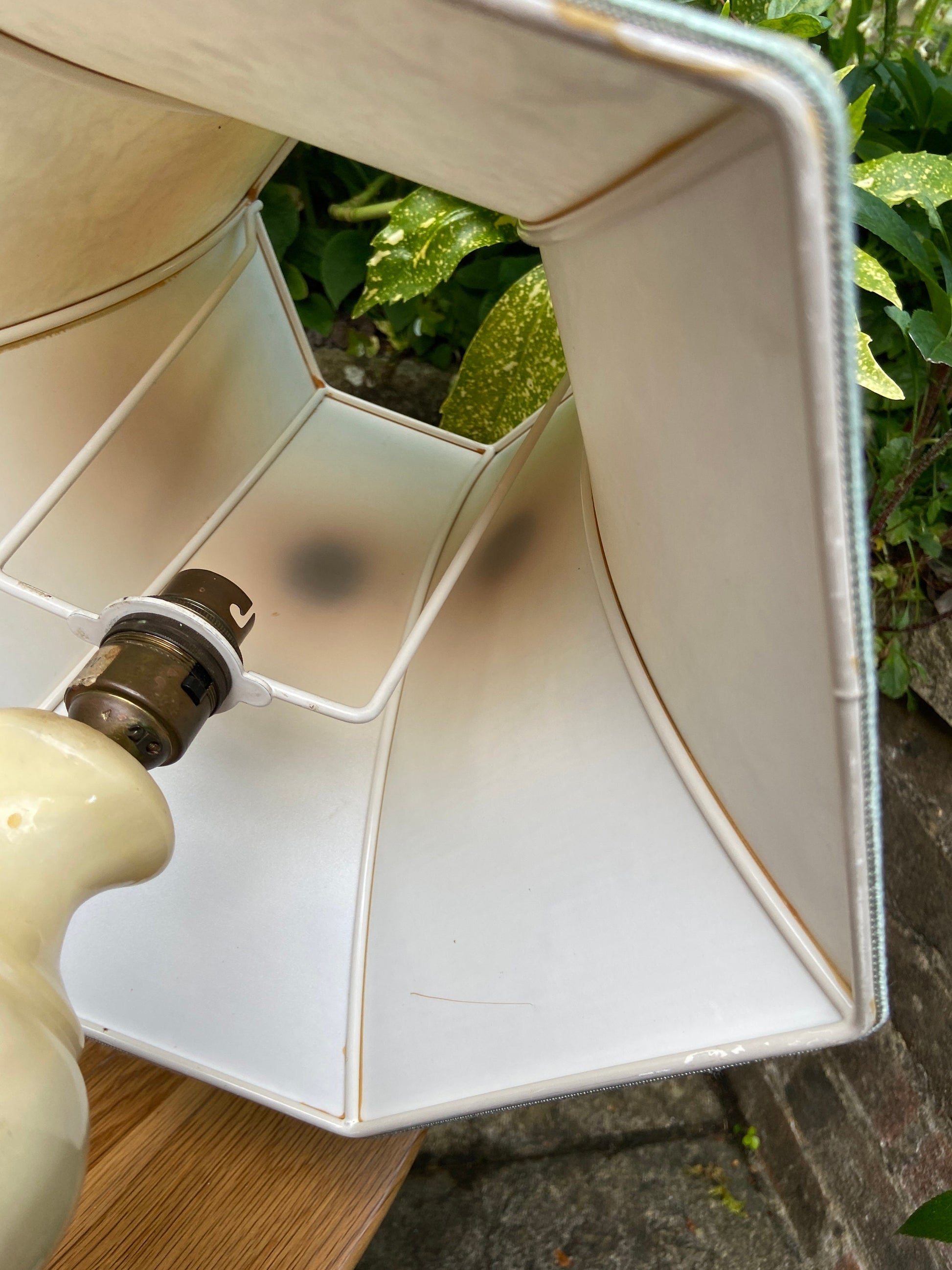 Vintage Charneca Alabaster traditional table lamp (good size) with superb 1980s vintage shade of green, pink & gold dust working table lamp
