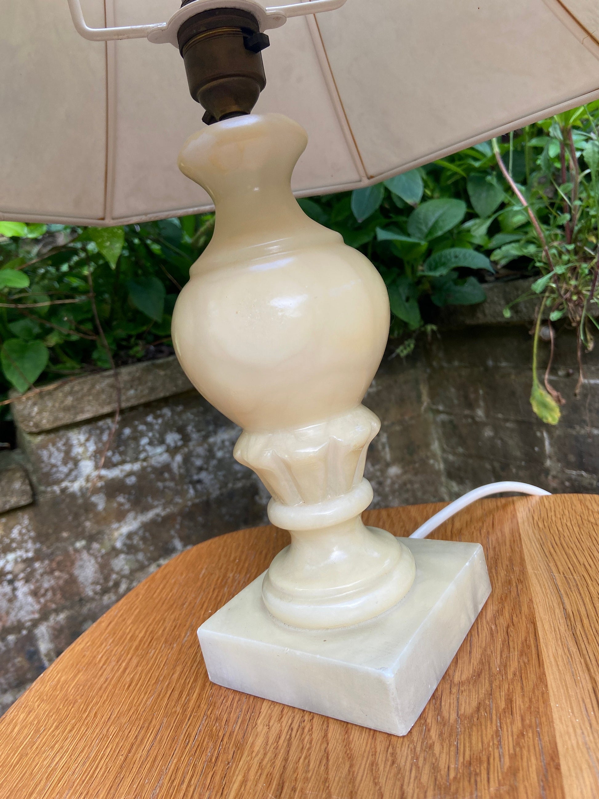 Vintage Charneca Alabaster traditional table lamp (good size) with superb 1980s vintage shade of green, pink & gold dust working table lamp