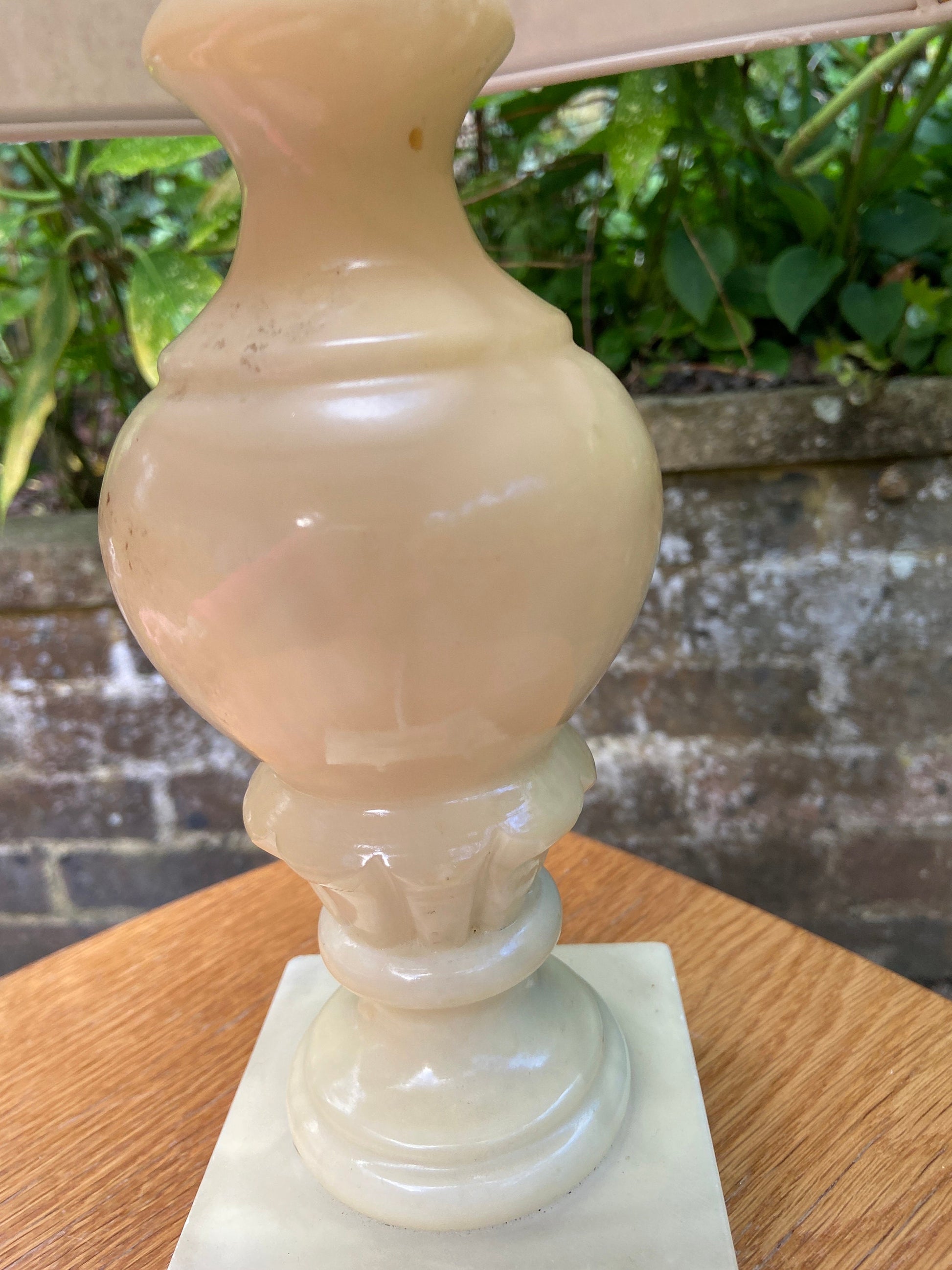 Vintage Charneca Alabaster traditional table lamp (good size) with superb 1980s vintage shade of green, pink & gold dust working table lamp