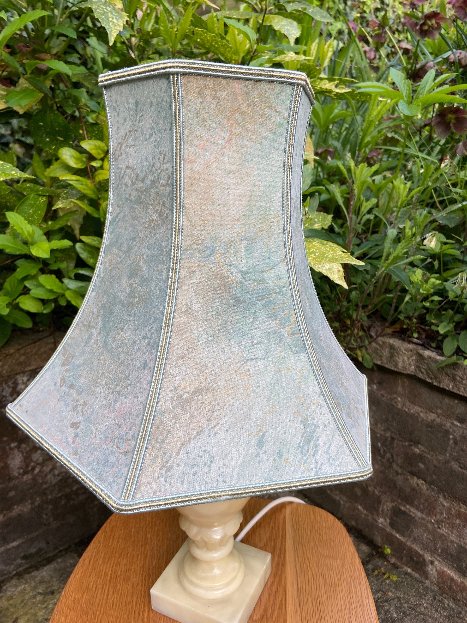 Vintage Charneca Alabaster traditional table lamp (good size) with superb 1980s vintage shade of green, pink & gold dust working table lamp