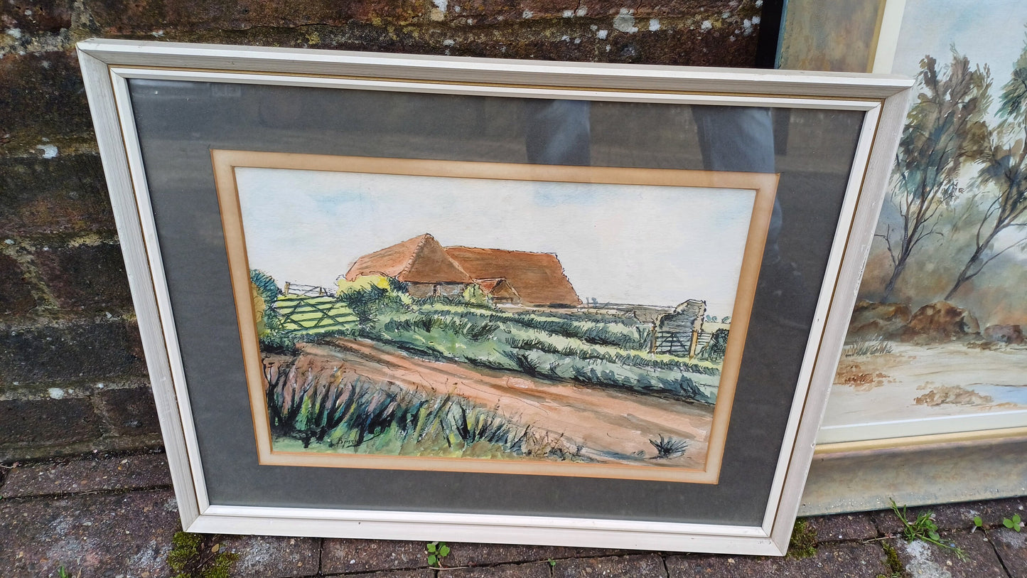 3 Large Vintage Superior Original Watercolours Landscape Countryside Agriculture Theme Picture Frames and Mounts. Salisbury and Sussex.