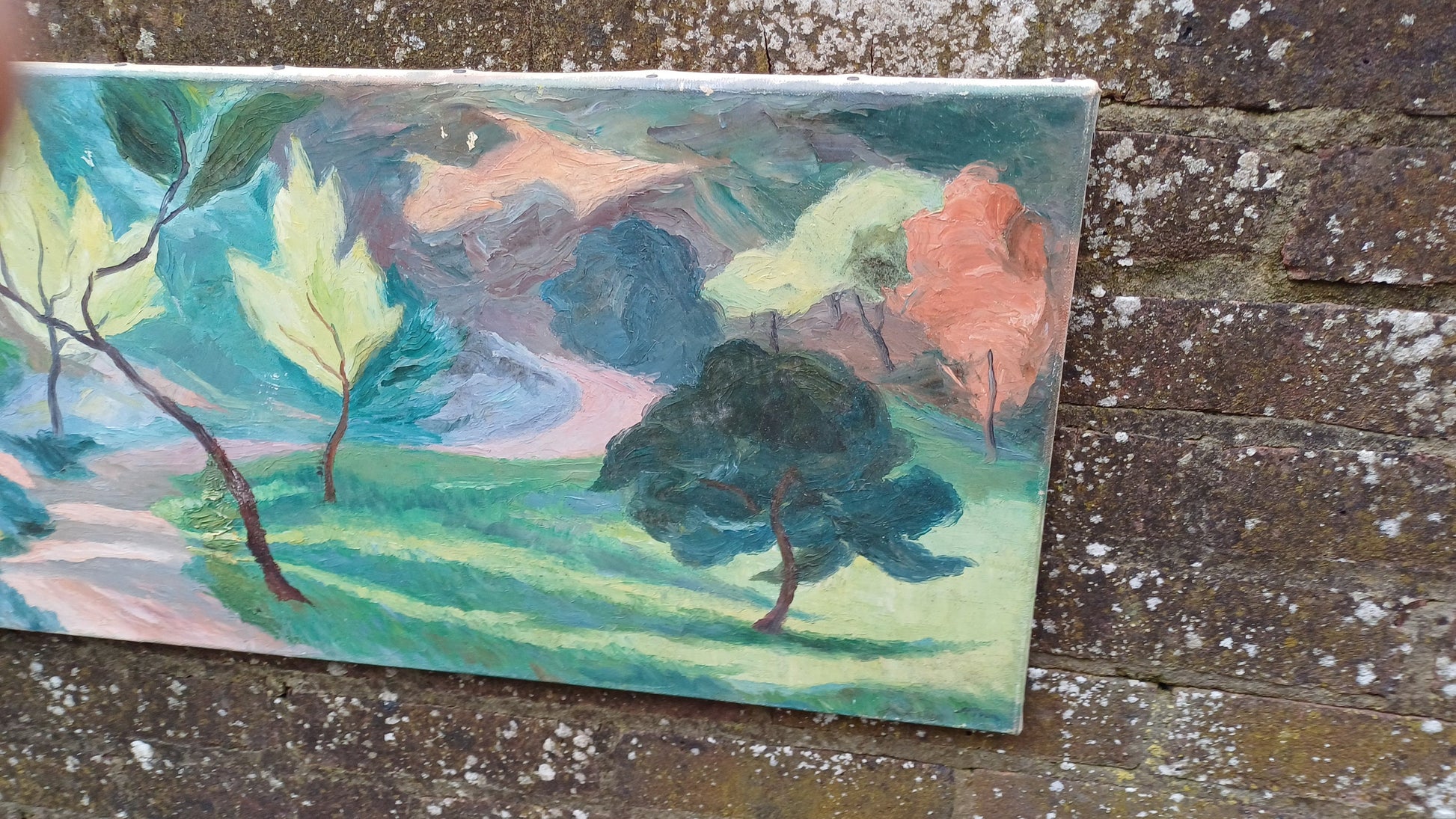 Original vintage oil painting of trees, landscape, naive art