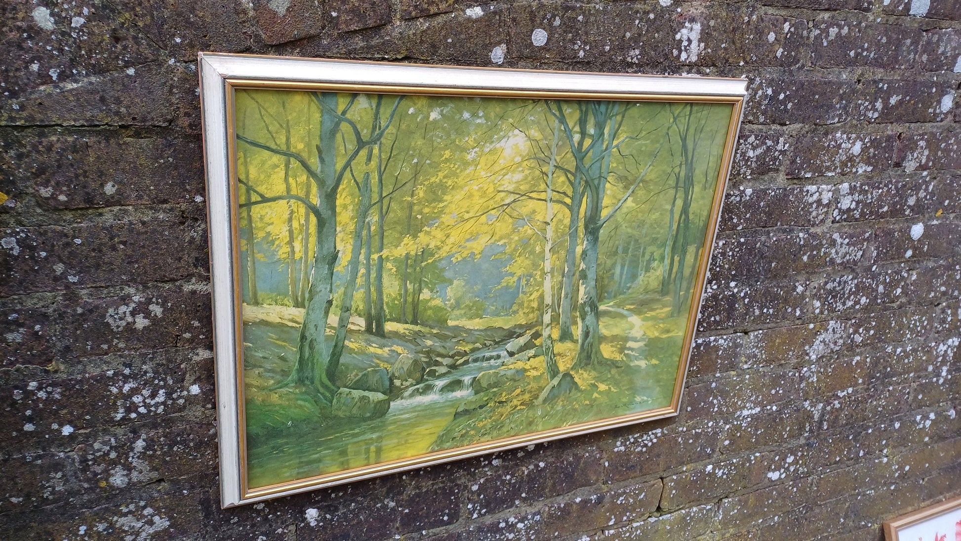 Marvellous Retro Print of an Erich Kruger forest tree and river print, framed in retro wooden frame