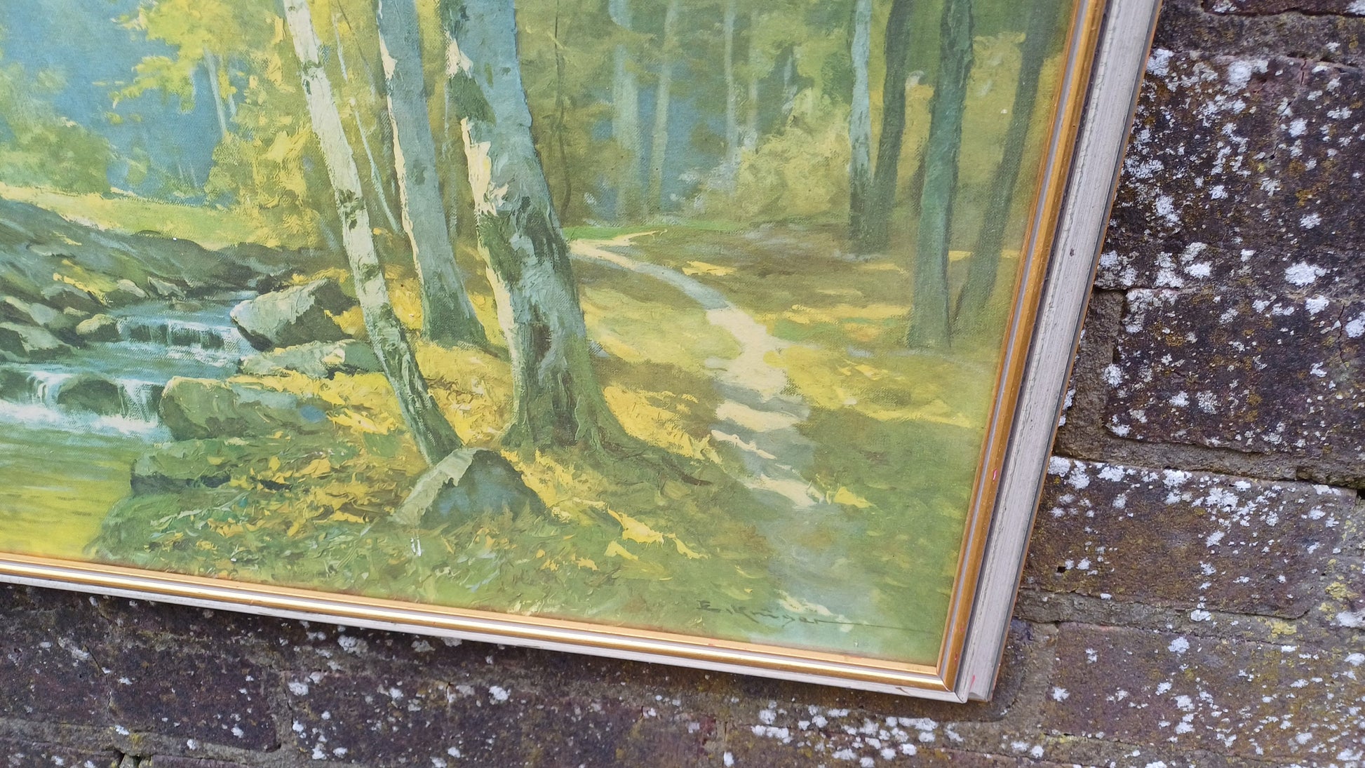Marvellous Retro Print of an Erich Kruger forest tree and river print, framed in retro wooden frame