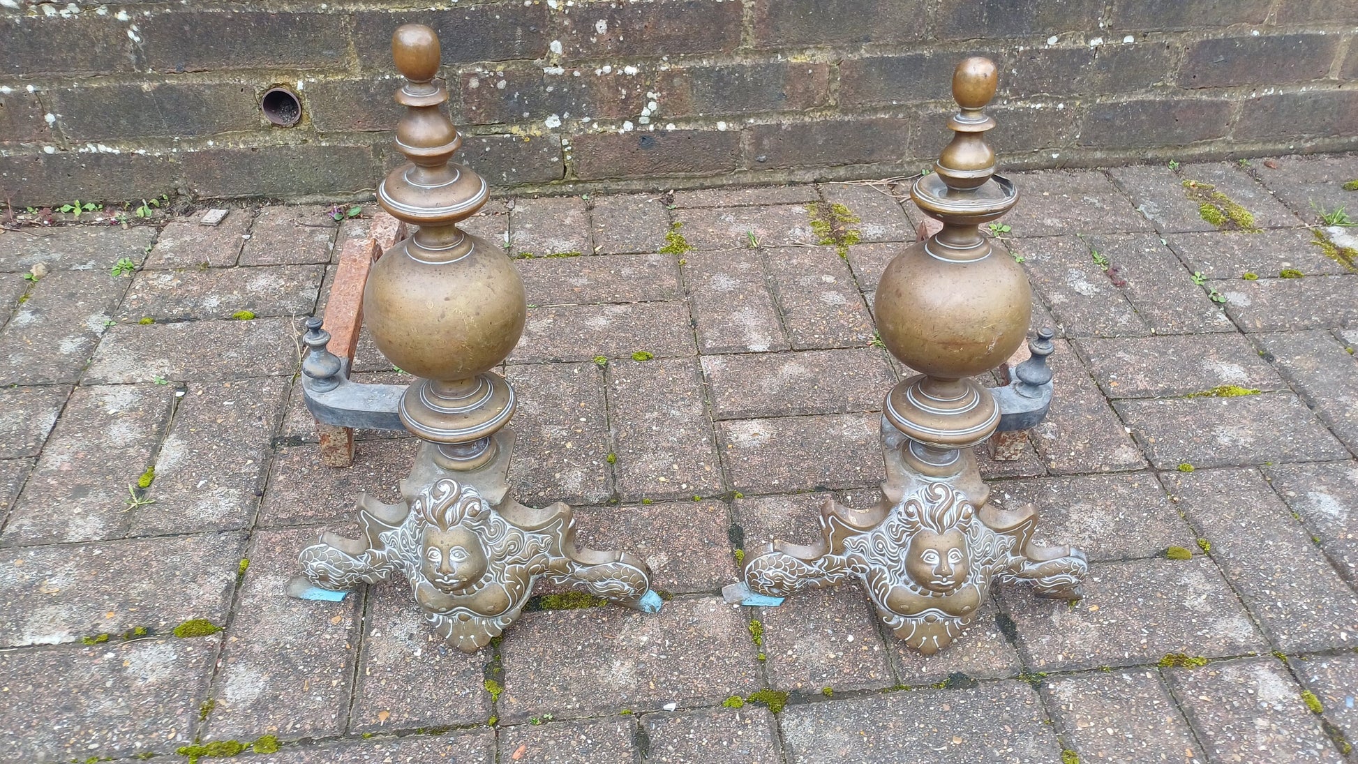 Magnificent Pair Victorian Vintage Brass and Iron Fire Dogs Naked Breasted Lady of the Sea.