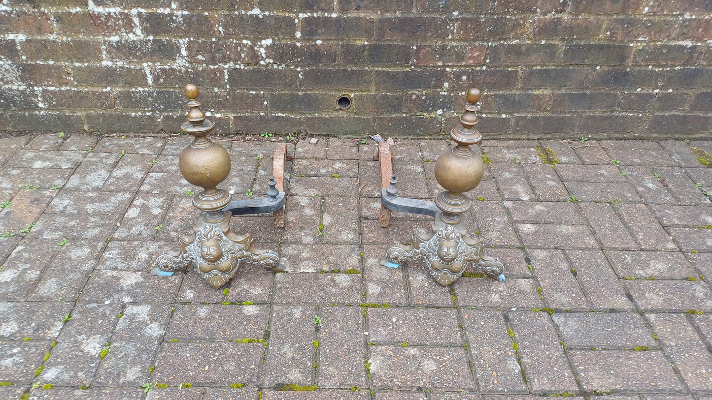 Magnificent Pair Victorian Vintage Brass and Iron Fire Dogs Naked Breasted Lady of the Sea.
