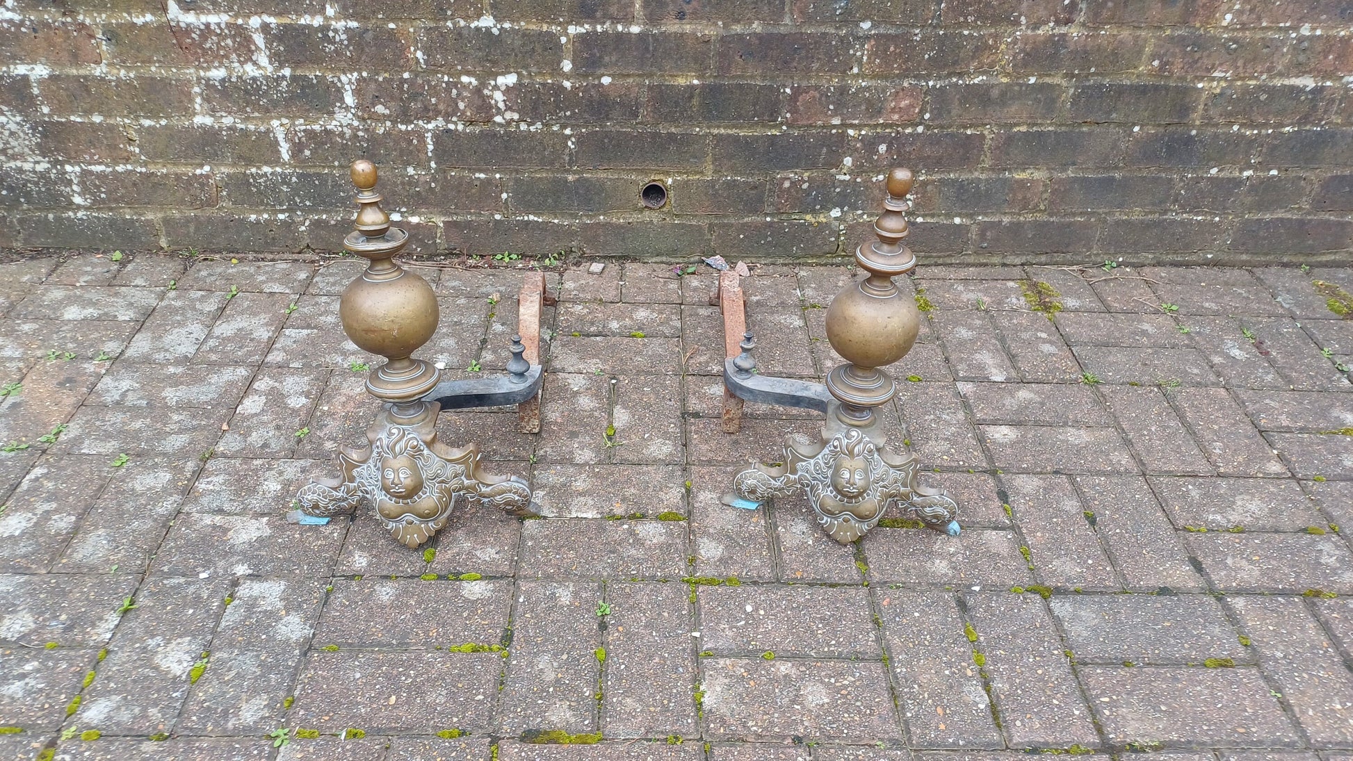 Magnificent Pair Victorian Vintage Brass and Iron Fire Dogs Naked Breasted Lady of the Sea.