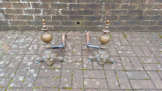 Magnificent Pair Victorian Vintage Brass and Iron Fire Dogs Naked Breasted Lady of the Sea.