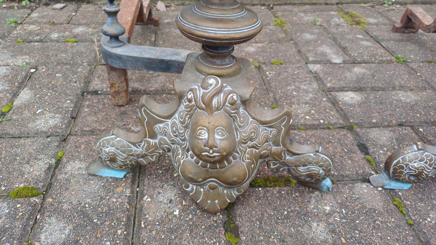 Magnificent Pair Victorian Vintage Brass and Iron Fire Dogs Naked Breasted Lady of the Sea.