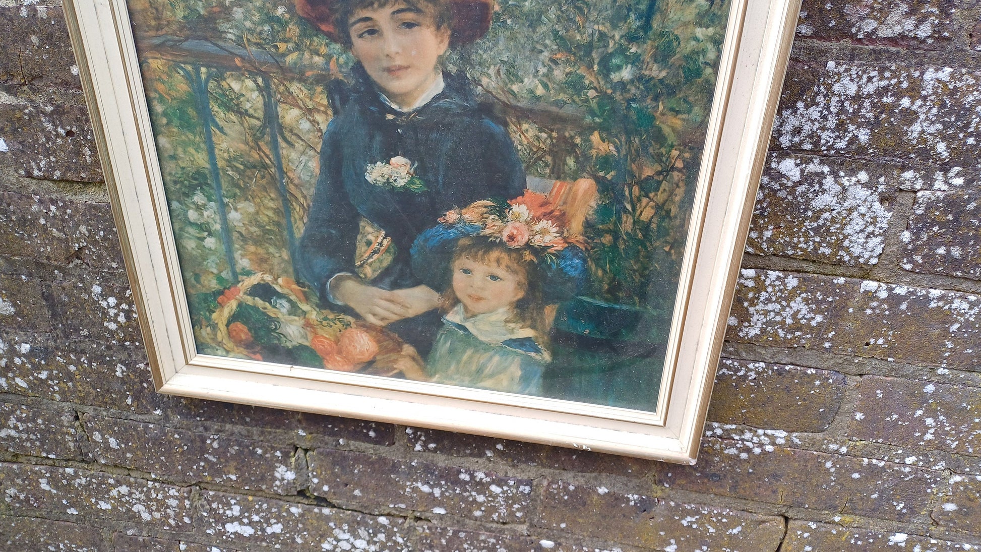 Large Iconic Vintage Impressionist Print ‘Two Sisters (On the Terrace)’ by Pierre-Auguste Renoir in Glazed Wooden Frame.