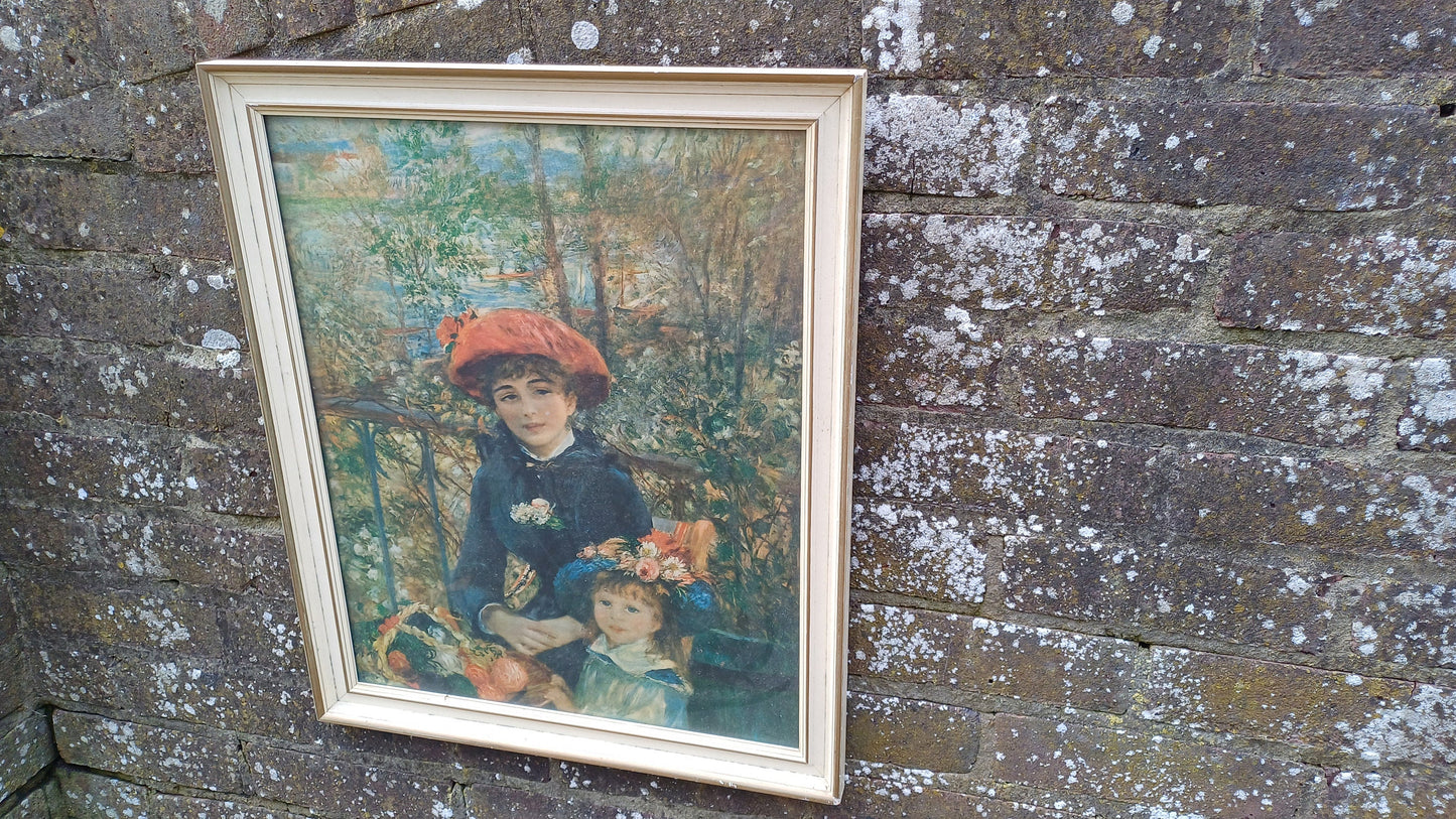 Large Iconic Vintage Impressionist Print ‘Two Sisters (On the Terrace)’ by Pierre-Auguste Renoir in Glazed Wooden Frame.