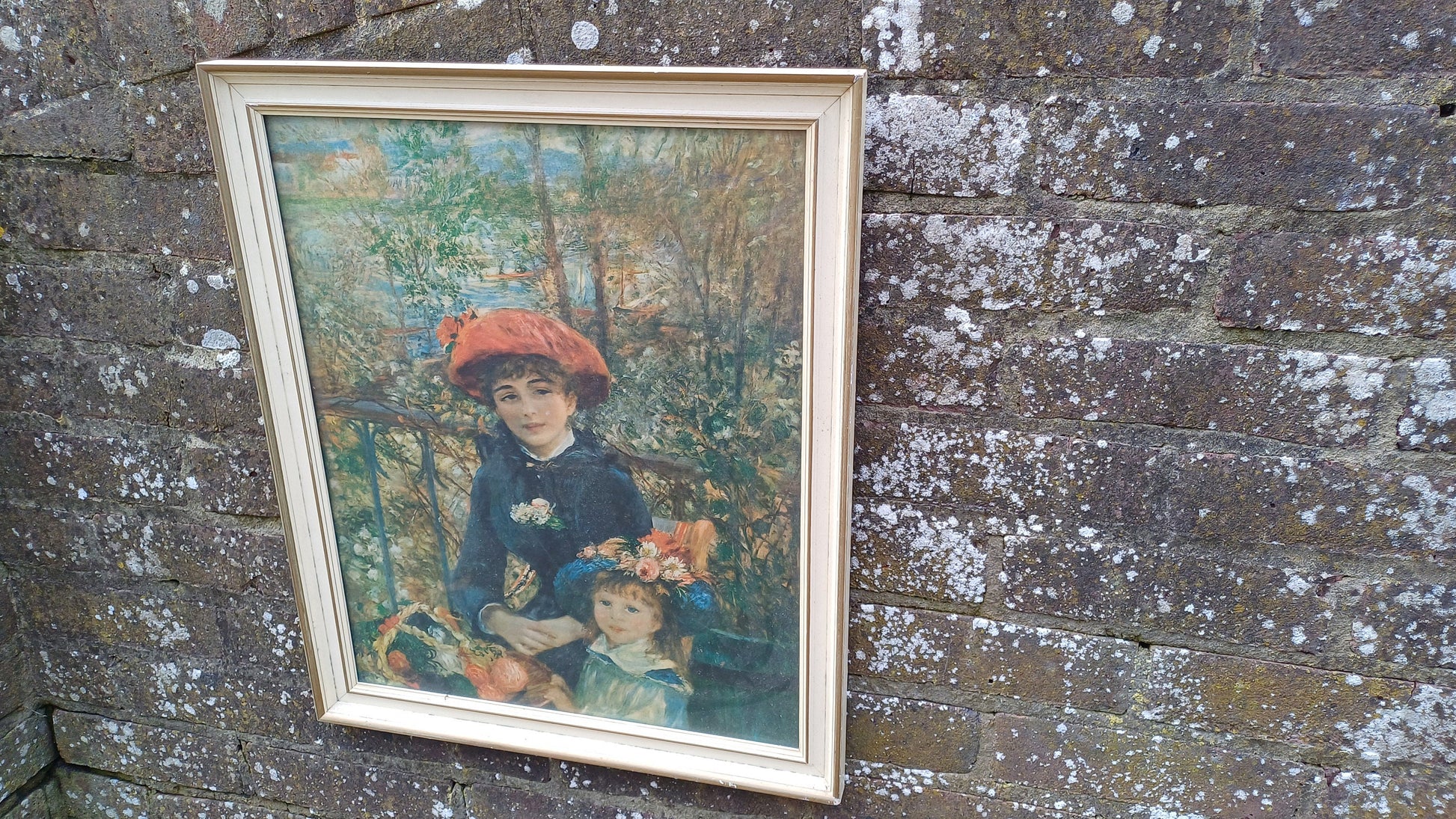 Large Iconic Vintage Impressionist Print ‘Two Sisters (On the Terrace)’ by Pierre-Auguste Renoir in Glazed Wooden Frame.