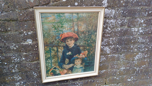 Large Iconic Vintage Impressionist Print ‘Two Sisters (On the Terrace)’ by Pierre-Auguste Renoir in Glazed Wooden Frame.