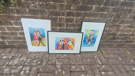 Quirky Spanish Dancers Set of Three Original Signed Pastel Paintings by Corinne Brenner.