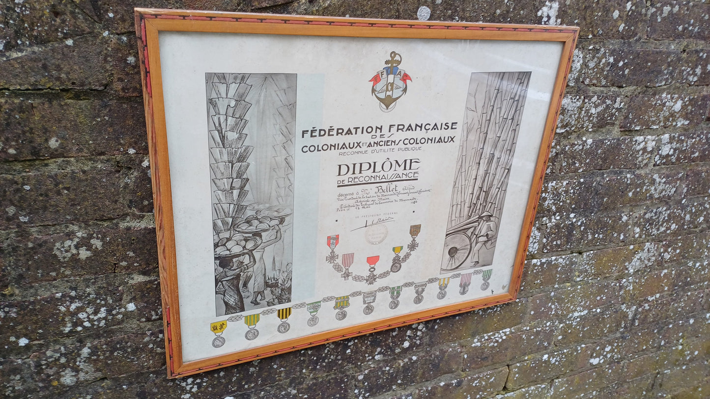 Original 1942 certificate of recognition for Deputy Mayor - French colonial, war medals, colonial scenes, 1930s 1940s wooden glazed frame