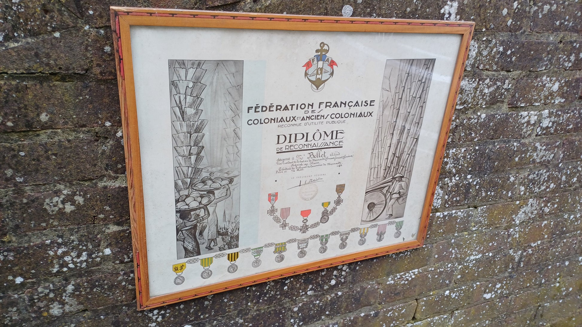 Original 1942 certificate of recognition for Deputy Mayor - French colonial, war medals, colonial scenes, 1930s 1940s wooden glazed frame