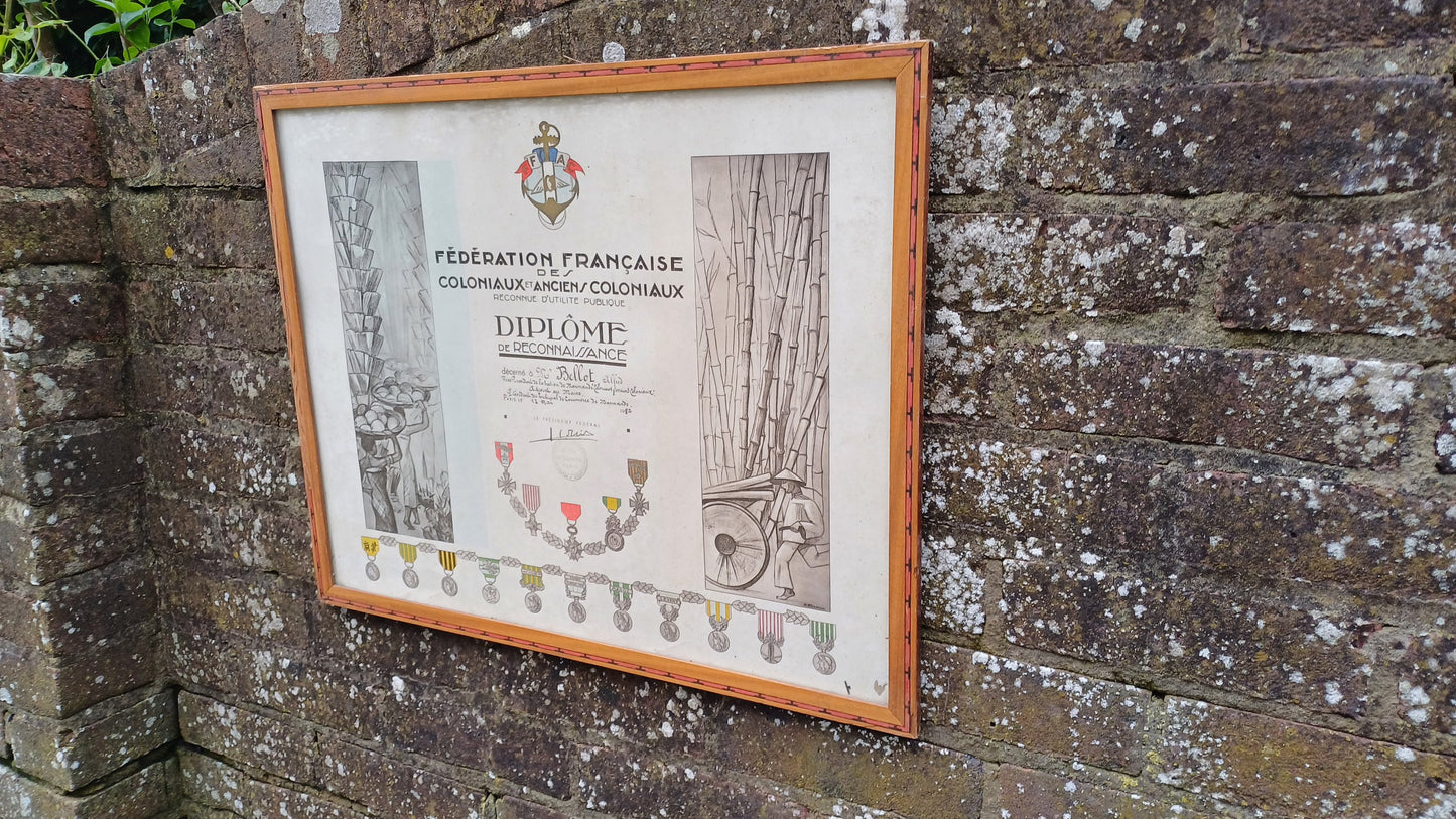 Original 1942 certificate of recognition for Deputy Mayor - French colonial, war medals, colonial scenes, 1930s 1940s wooden glazed frame