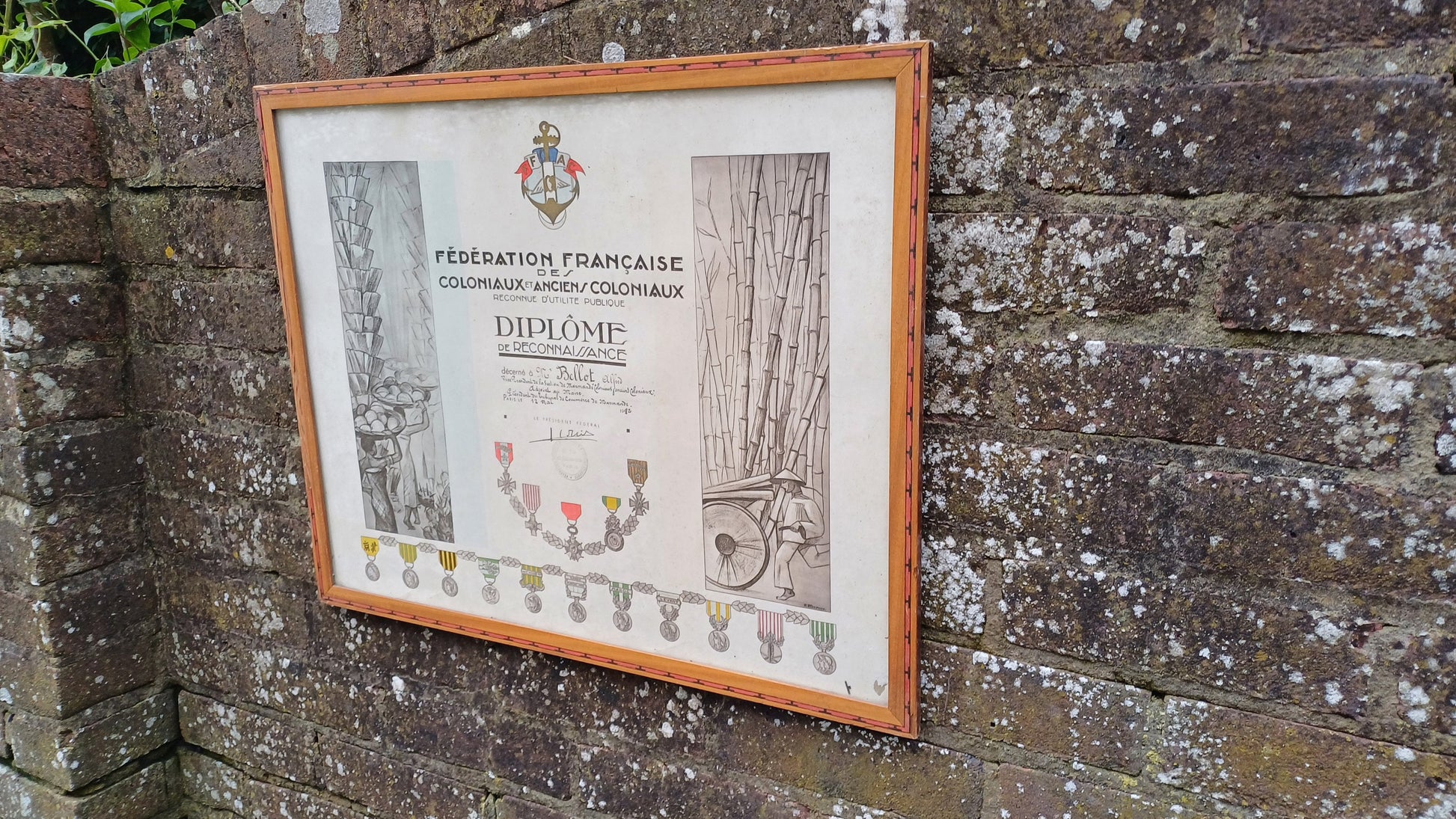 Original 1942 certificate of recognition for Deputy Mayor - French colonial, war medals, colonial scenes, 1930s 1940s wooden glazed frame
