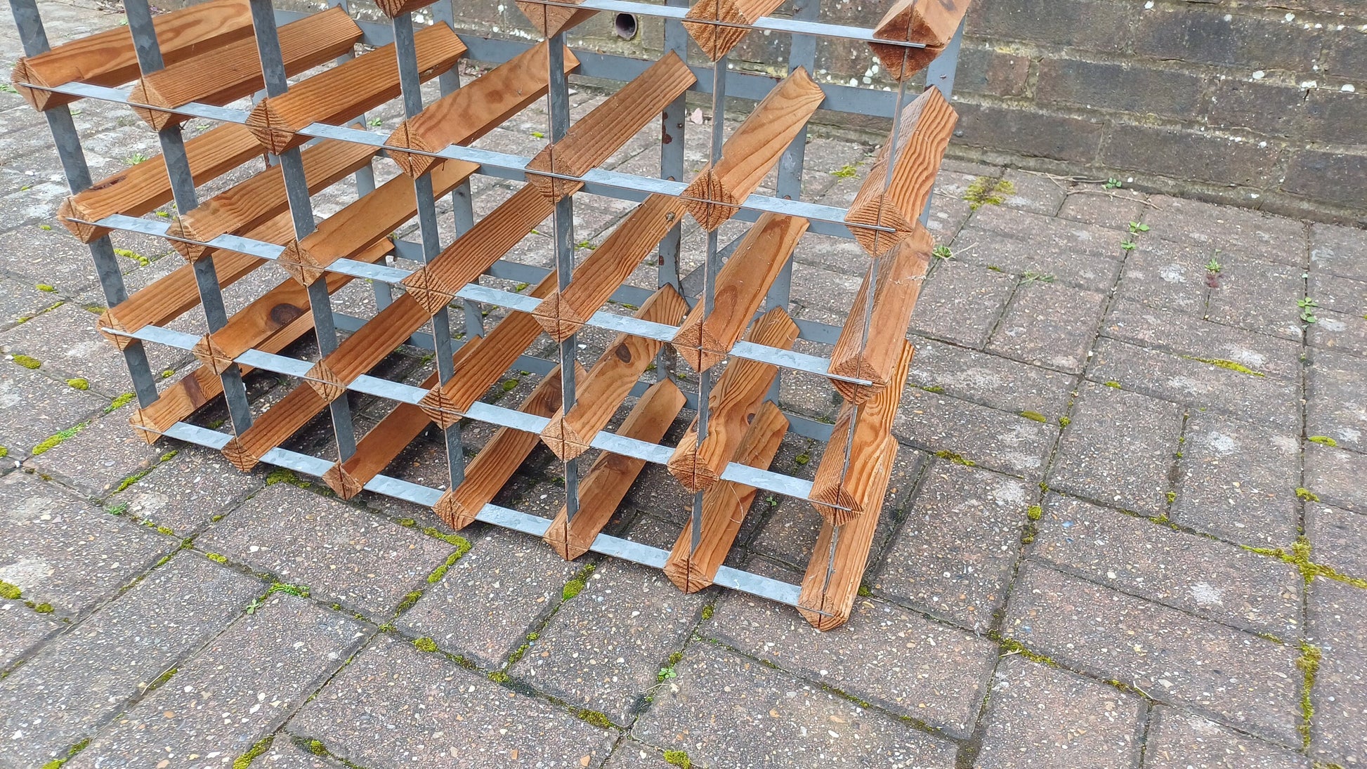 Large Vintage 70s Pine and Zinc Wine Rack Up to 43 Bottles