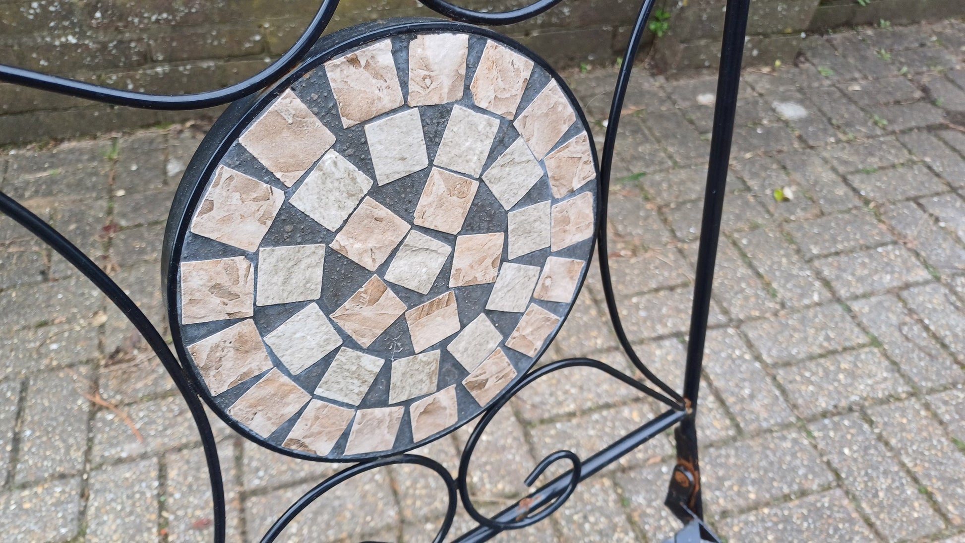 Vintage Folding Heavy Metal Folding Garden Chairs with Bespoke Mosaic Decoration and Lattice Seat.