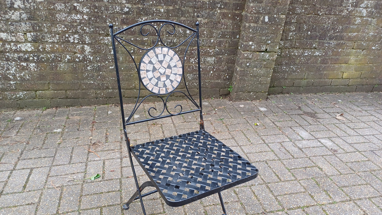 Vintage Folding Heavy Metal Folding Garden Chairs with Bespoke Mosaic Decoration and Lattice Seat.