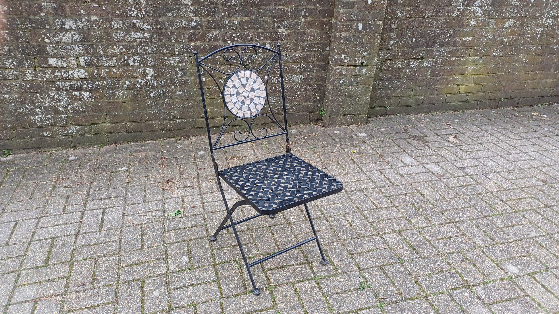Vintage Folding Heavy Metal Folding Garden Chairs with Bespoke Mosaic Decoration and Lattice Seat.