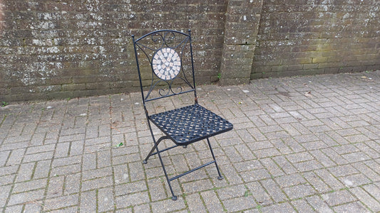 Vintage Folding Heavy Metal Folding Garden Chairs with Bespoke Mosaic Decoration and Lattice Seat.