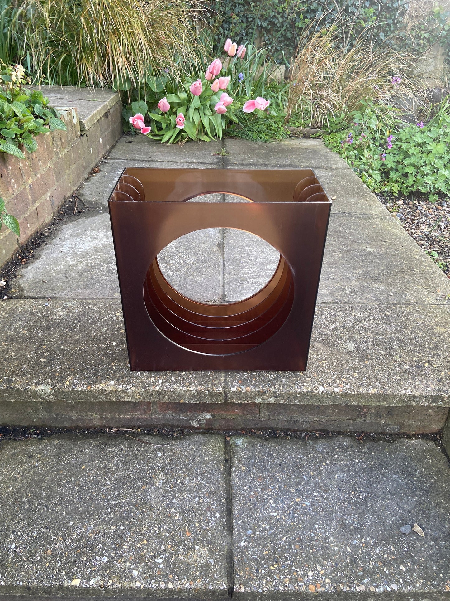 Retro Schweizer amber coloured plastic Vinyl LP 12" Record holder (approx 32 LPs)
