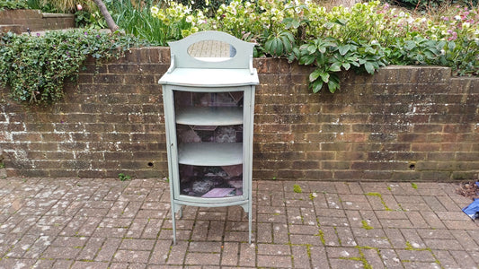 Unique Vintage Victorian Painted Glazed Glass Display Cupboard Green with Mirror Top and Interior Decoupage.