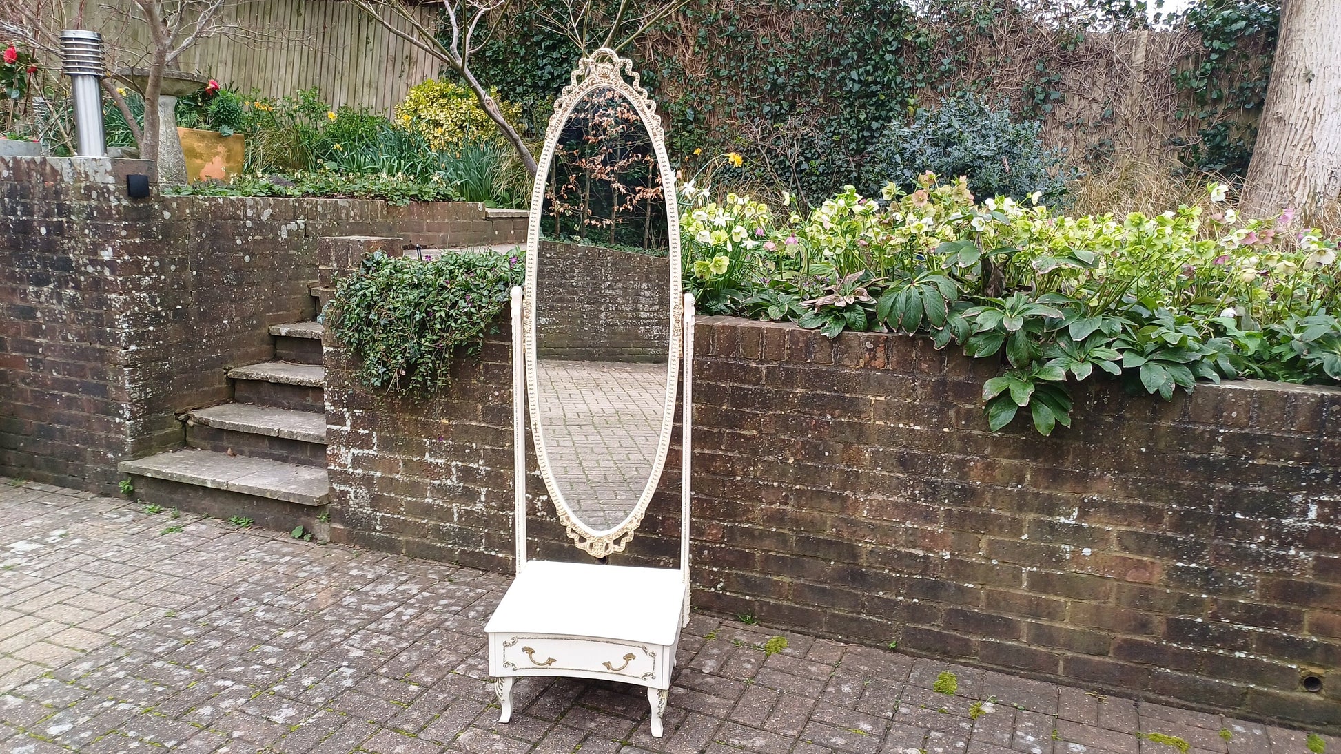 Huge Vintage Retro 70s Painted Cheval Mirror with Drawer Gold Highlights Nearly 6 ft.